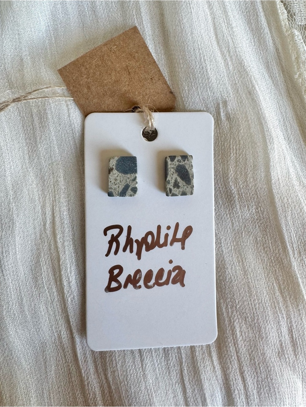 Rhyolite Stone Rectangle Stud Earrings in Gray and Cream, .75”, Hypoallergenic